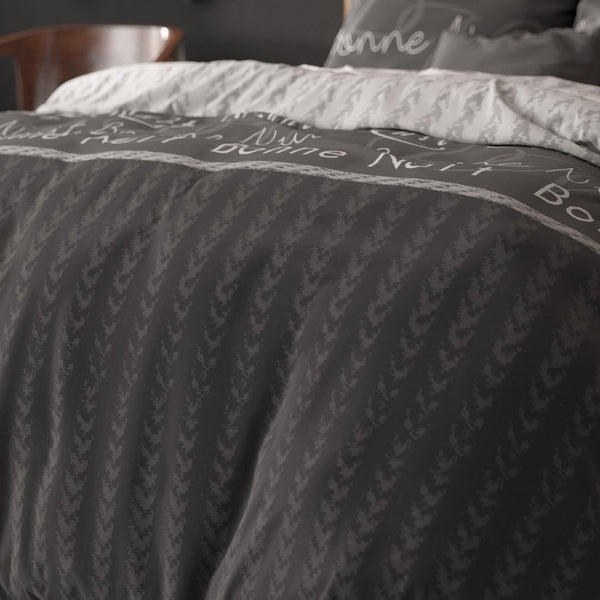 Polycotton Duvet Cover Set Bonne Nuit 4 | Anthracite | Double - 200cm (W) x 220cm (L) - The Bedding & Blankets Store