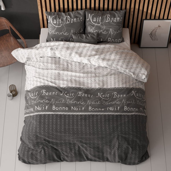 Polycotton Duvet Cover Set Bonne Nuit 4 | Anthracite | Double - 200cm (W) x 220cm (L) - The Bedding & Blankets Store