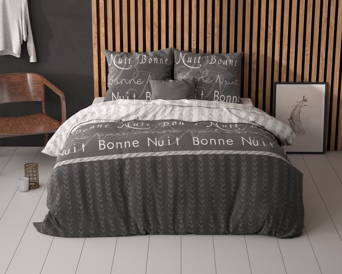 Polycotton Duvet Cover Set Bonne Nuit 4 | Anthracite | King - 240cm (W) x 220cm (L) - The Bedding & Blankets Store