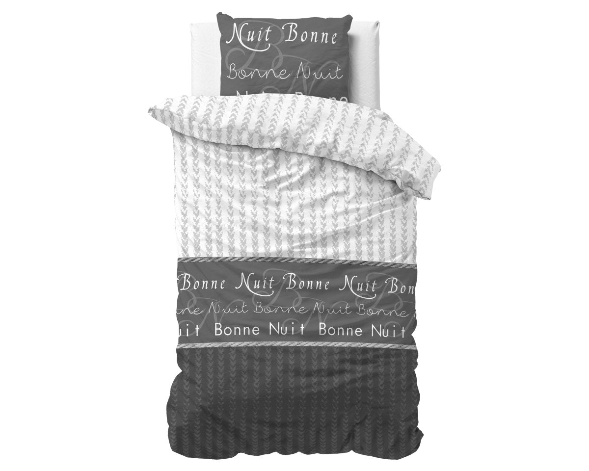 Polycotton Duvet Cover Set Bonne Nuit 4 | Anthracite | Single - 140cm (W) x 220cm (L) - The Bedding & Blankets Store