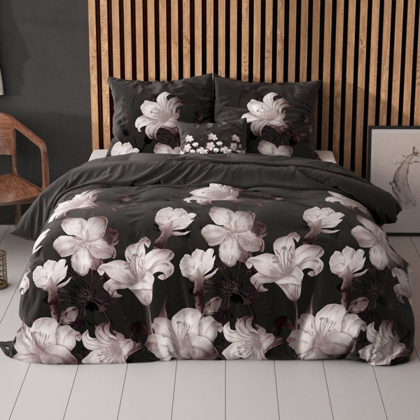 Polycotton Duvet Cover Set Dark Flower | Black | Single - 140cm (W) x 220cm (L) - The Bedding & Blankets Store