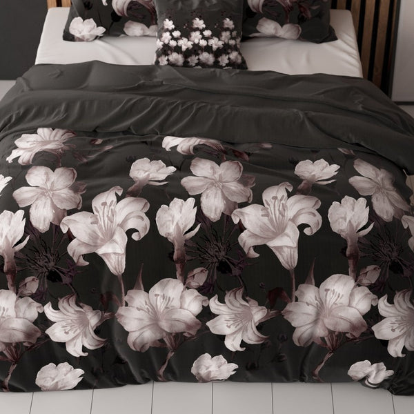 Polycotton Duvet Cover Set Dark Flower | Black | Single - 140cm (W) x 220cm (L) - The Bedding & Blankets Store