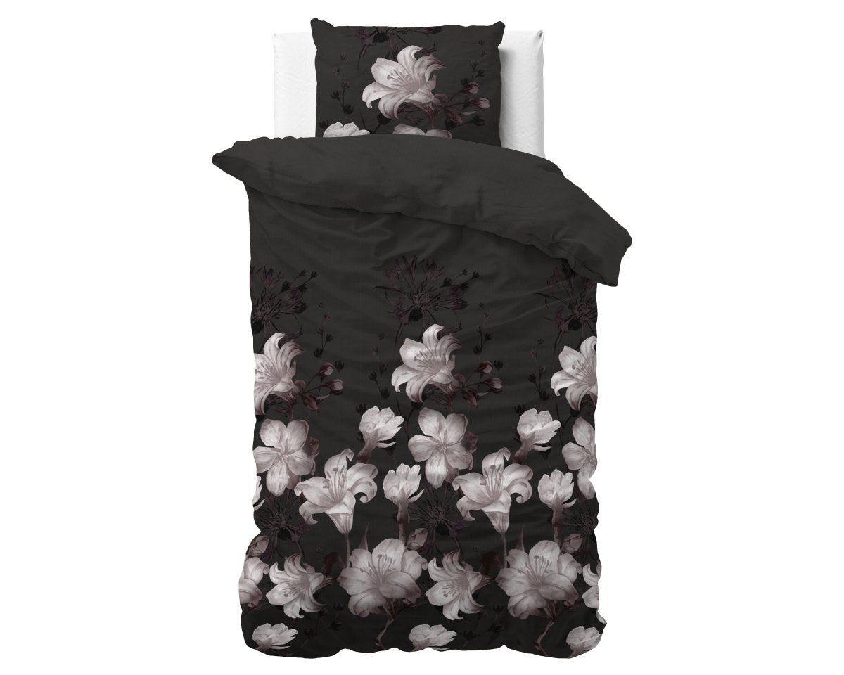 Polycotton Duvet Cover Set Dark Flower | Black | Single - 140cm (W) x 220cm (L) - The Bedding & Blankets Store