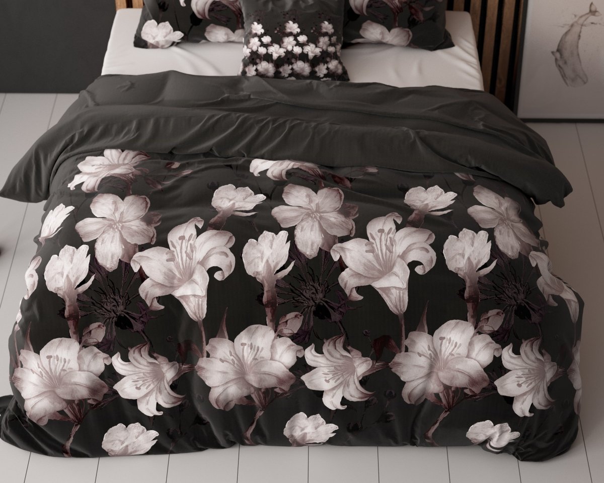 Polycotton Duvet Cover Set Dark Flower | Black | Single - 140cm (W) x 220cm (L) - The Bedding & Blankets Store