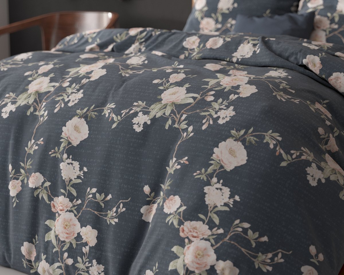 Polycotton Duvet Cover Set Eloise 2 | Indigo | King Long - 240cm (W) x 220cm (L) - The Bedding & Blankets Store