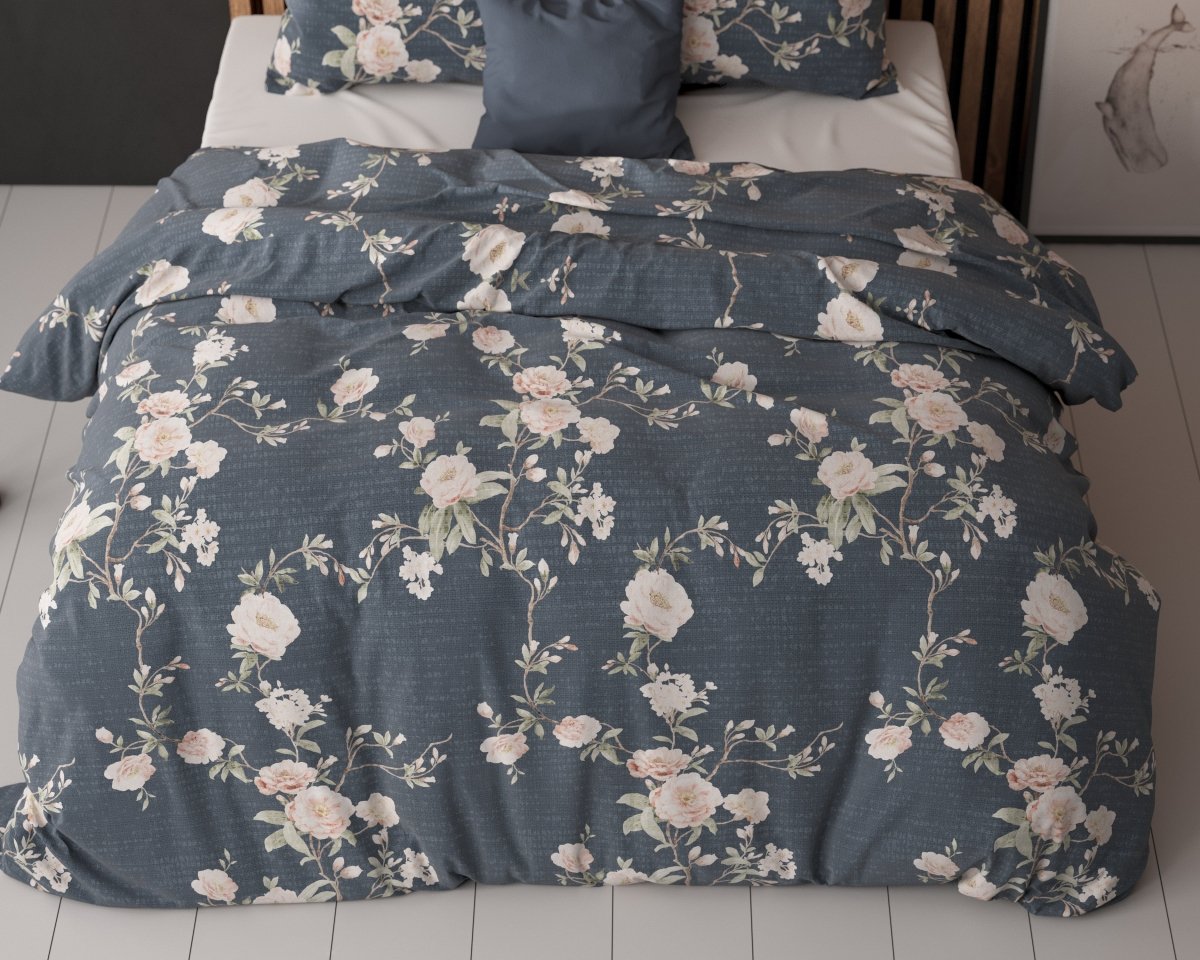 Polycotton Duvet Cover Set Eloise 2 | Indigo | King Long - 240cm (W) x 220cm (L) - The Bedding & Blankets Store