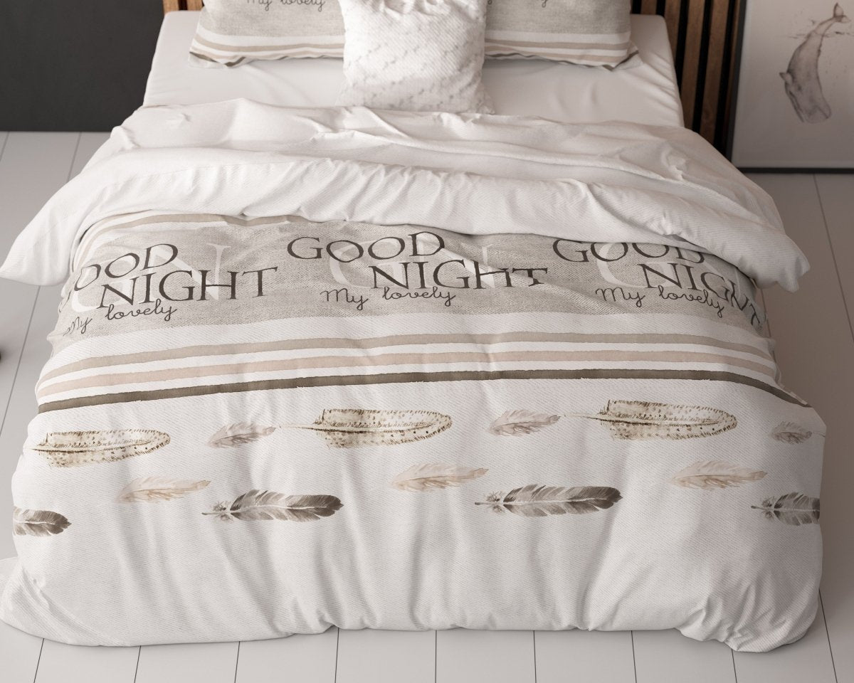 Polycotton Duvet Cover Set Good Night | White | Single - 140cm (W) x 220cm (L) - The Bedding & Blankets Store