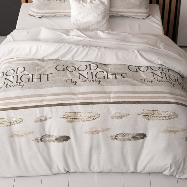 Polycotton Duvet Cover Set Good Night | White | Single - 140cm (W) x 220cm (L) - The Bedding & Blankets Store
