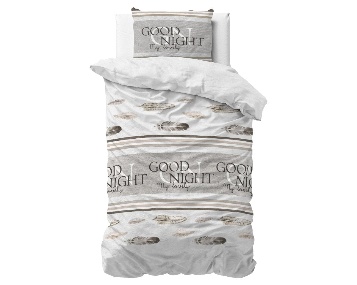 Polycotton Duvet Cover Set Good Night | White | Single - 140cm (W) x 220cm (L) - The Bedding & Blankets Store