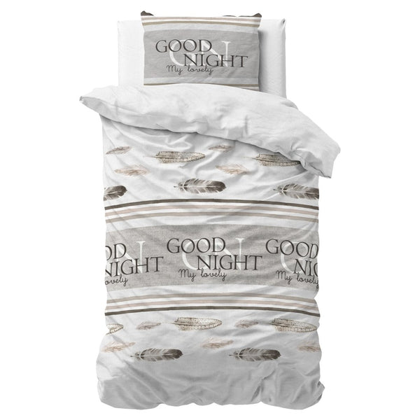 Polycotton Duvet Cover Set Good Night | White | Single - 140cm (W) x 220cm (L) - The Bedding & Blankets Store
