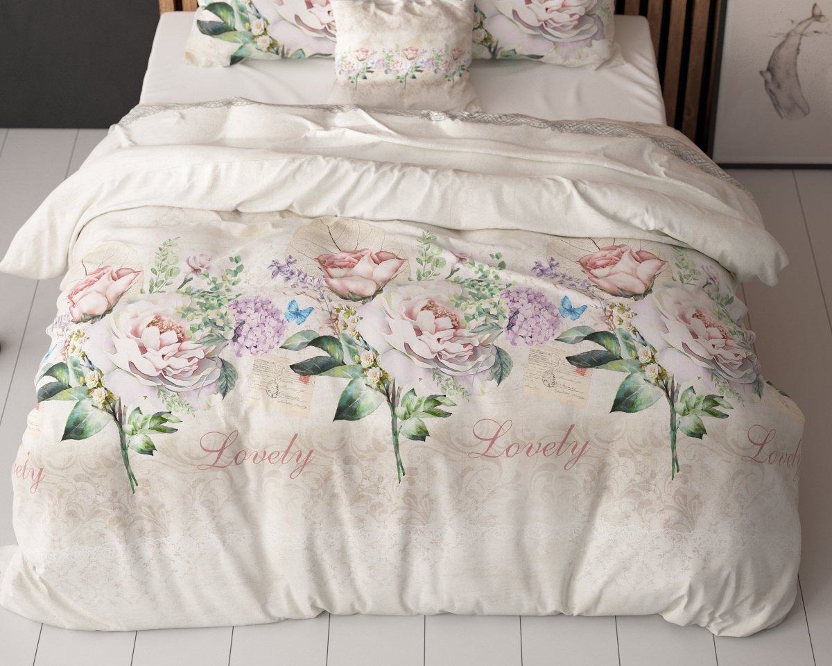Polycotton Duvet Cover Set Lovely Flower | Beige | Single - 140cm (W) x 220cm (L) - The Bedding & Blankets Store