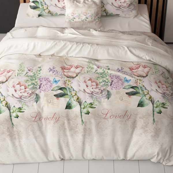 Polycotton Duvet Cover Set Lovely Flower | Beige | Single - 140cm (W) x 220cm (L) - The Bedding & Blankets Store