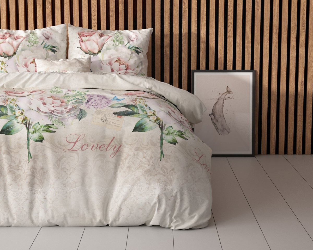 Polycotton Duvet Cover Set Lovely Flower | Beige | Single - 140cm (W) x 220cm (L) - The Bedding & Blankets Store