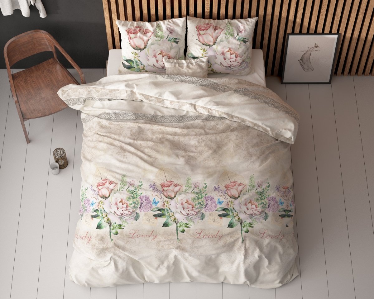 Polycotton Duvet Cover Set Lovely Flower | Beige | Single - 140cm (W) x 220cm (L) - The Bedding & Blankets Store