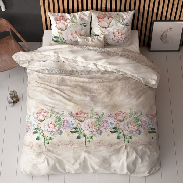 Polycotton Duvet Cover Set Lovely Flower | Beige | Single - 140cm (W) x 220cm (L) - The Bedding & Blankets Store