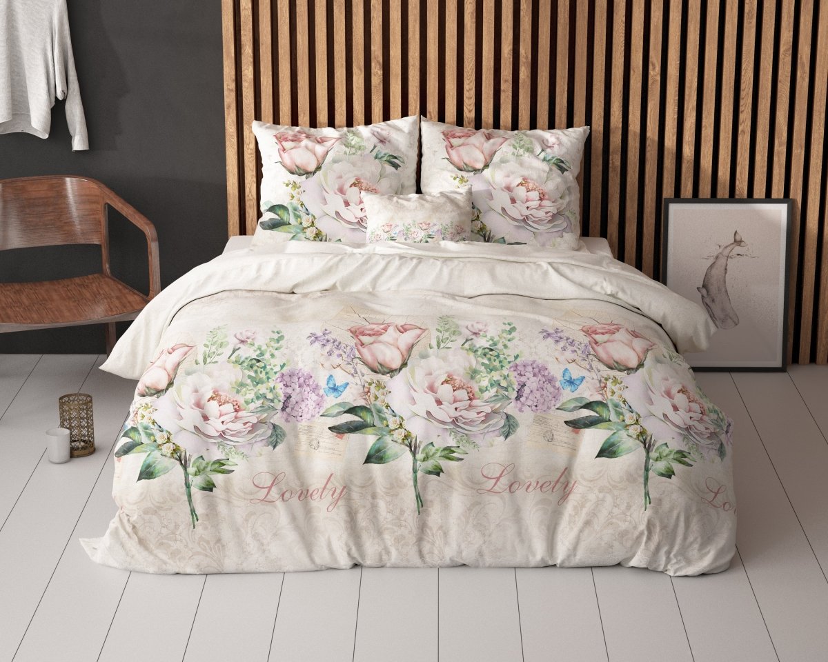 Polycotton Duvet Cover Set Lovely Flower | Beige | Single - 140cm (W) x 220cm (L) - The Bedding & Blankets Store