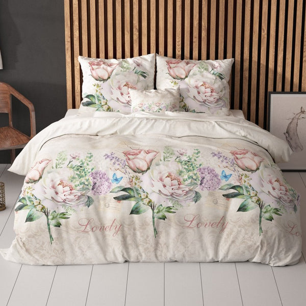 Polycotton Duvet Cover Set Lovely Flower | Beige | Single - 140cm (W) x 220cm (L) - The Bedding & Blankets Store