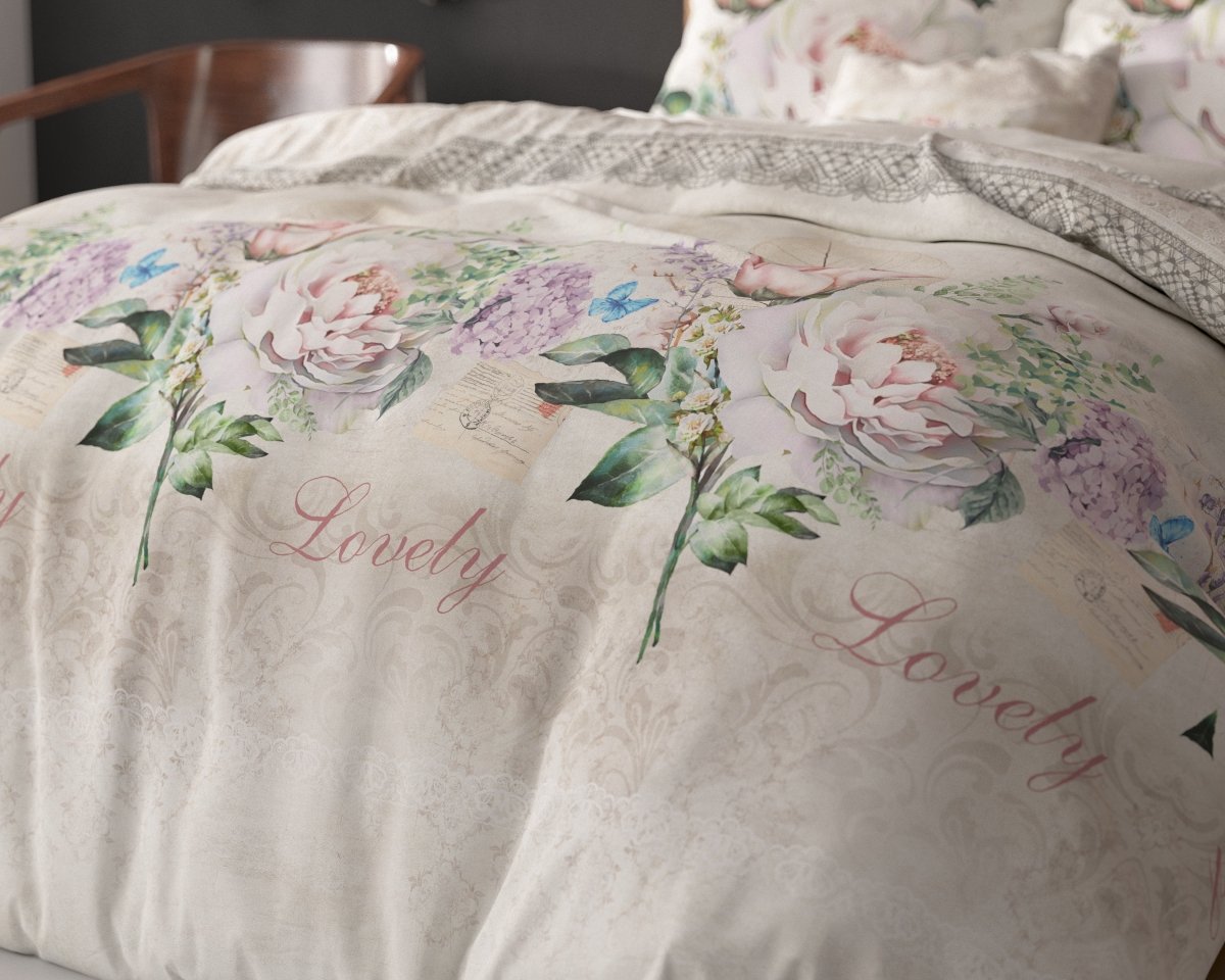 Polycotton Duvet Cover Set Lovely Flower | Beige | Single - 140cm (W) x 220cm (L) - The Bedding & Blankets Store