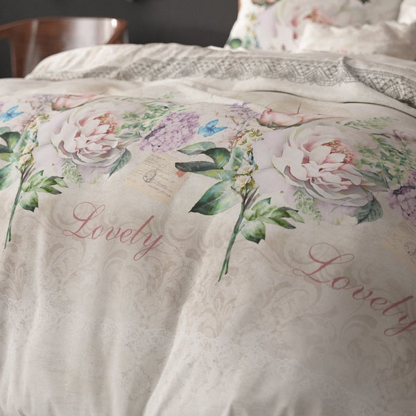 Polycotton Duvet Cover Set Lovely Flower | Beige | Single - 140cm (W) x 220cm (L) - The Bedding & Blankets Store