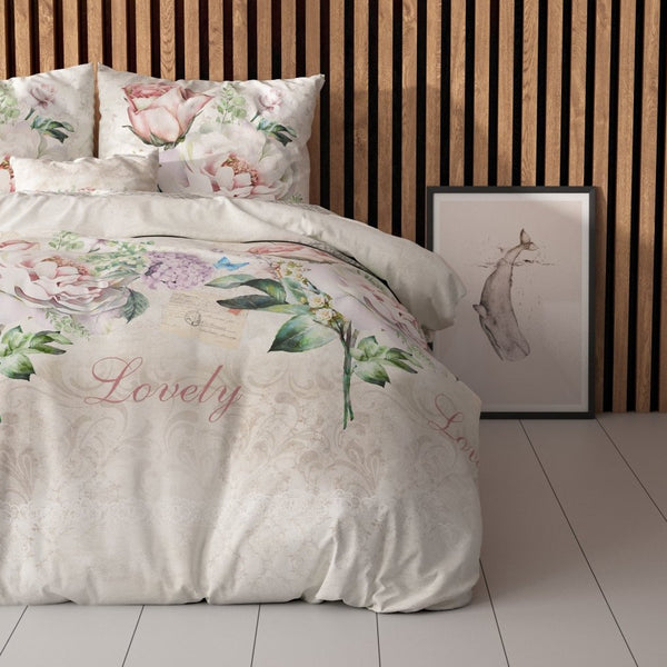 Polycotton Duvet Cover Set Lovely Flower | Beige | Single - 140cm (W) x 220cm (L) - The Bedding & Blankets Store