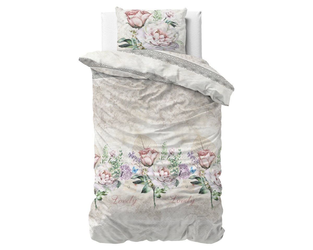 Polycotton Duvet Cover Set Lovely Flower | Beige | Single - 140cm (W) x 220cm (L) - The Bedding & Blankets Store