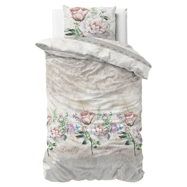 Polycotton Duvet Cover Set Lovely Flower | Beige | Single - 140cm (W) x 220cm (L) - The Bedding & Blankets Store