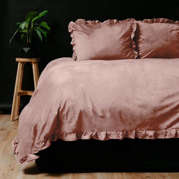 Polyester Duvet Cover Set Velvet Ruffles | Vintage Pink | Single - 140cm (W) x 220cm (L) - The Bedding & Blankets Store