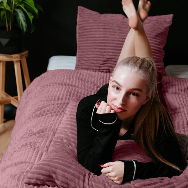 Ribbed Teddy Fleece Duvet Cover Set Rib | Blush Pink | Single - 140cm (W) x 220cm (L) - The Bedding & Blankets Store