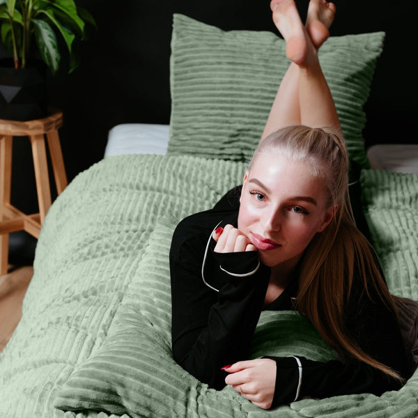 Ribbed Teddy Fleece Duvet Cover Set Rib | Green | Single - 140cm (W) x 220cm (L) - The Bedding & Blankets Store