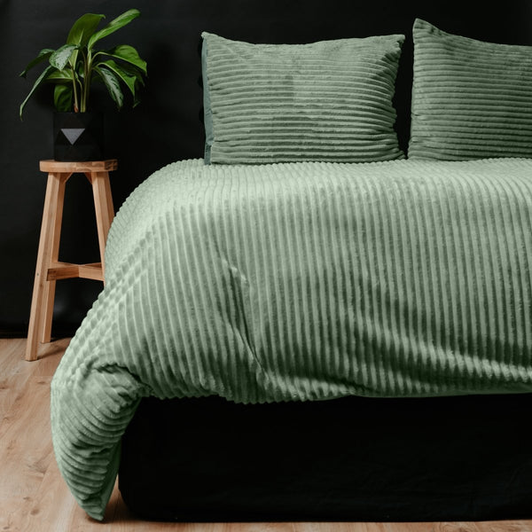 Ribbed Teddy Fleece Duvet Cover Set Rib | Green | Single - 140cm (W) x 220cm (L) - The Bedding & Blankets Store