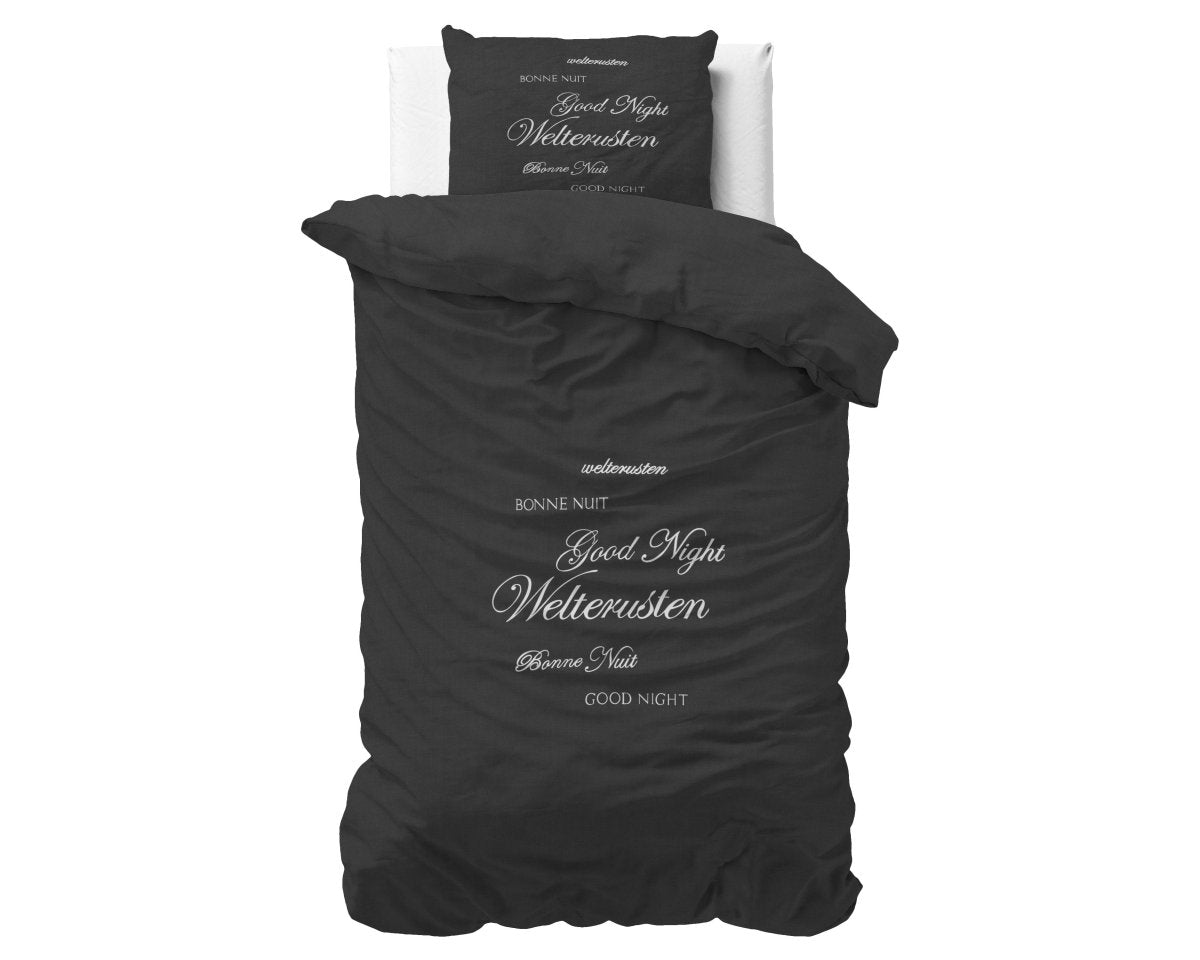Super Soft Microfibre Duvet Cover Set Good Night | Black | Single - 140cm (W) x 220cm (L) - The Bedding & Blankets Store