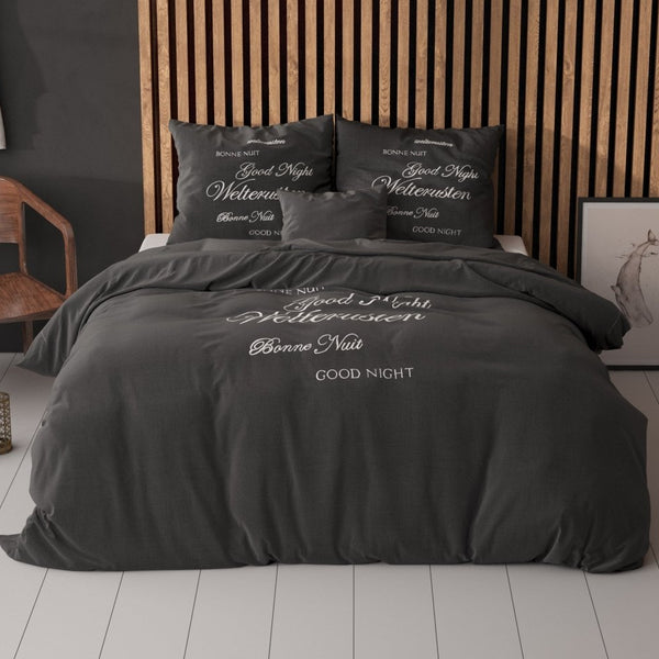 Super Soft Microfibre Duvet Cover Set Good Night | Black | Single - 140cm (W) x 220cm (L) - The Bedding & Blankets Store