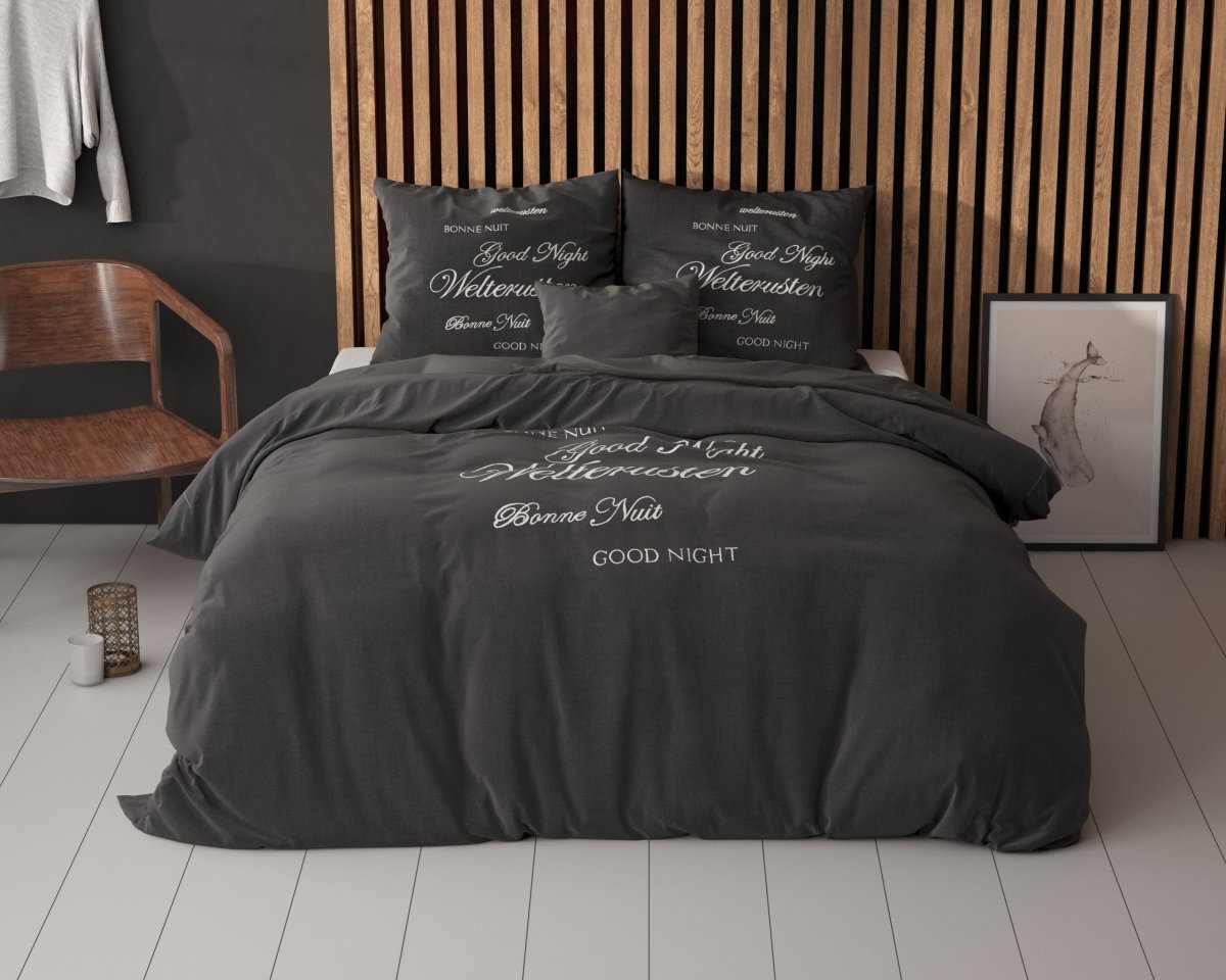 Super Soft Microfibre Duvet Cover Set Good Night | Black | Single - 140cm (W) x 220cm (L) - The Bedding & Blankets Store