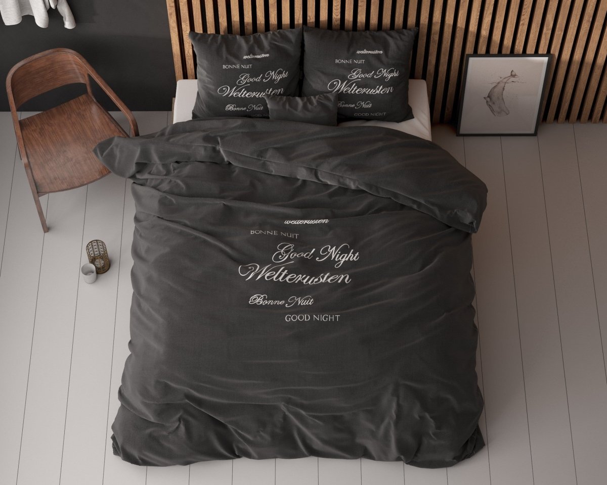 Super Soft Microfibre Duvet Cover Set Good Night | Black | Single - 140cm (W) x 220cm (L) - The Bedding & Blankets Store