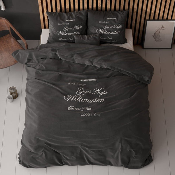 Super Soft Microfibre Duvet Cover Set Good Night | Black | Single - 140cm (W) x 220cm (L) - The Bedding & Blankets Store