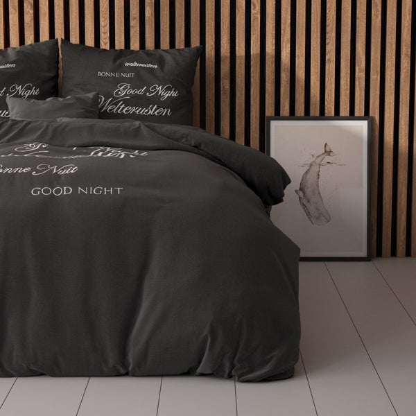 Super Soft Microfibre Duvet Cover Set Good Night | Black | Single - 140cm (W) x 220cm (L) - The Bedding & Blankets Store