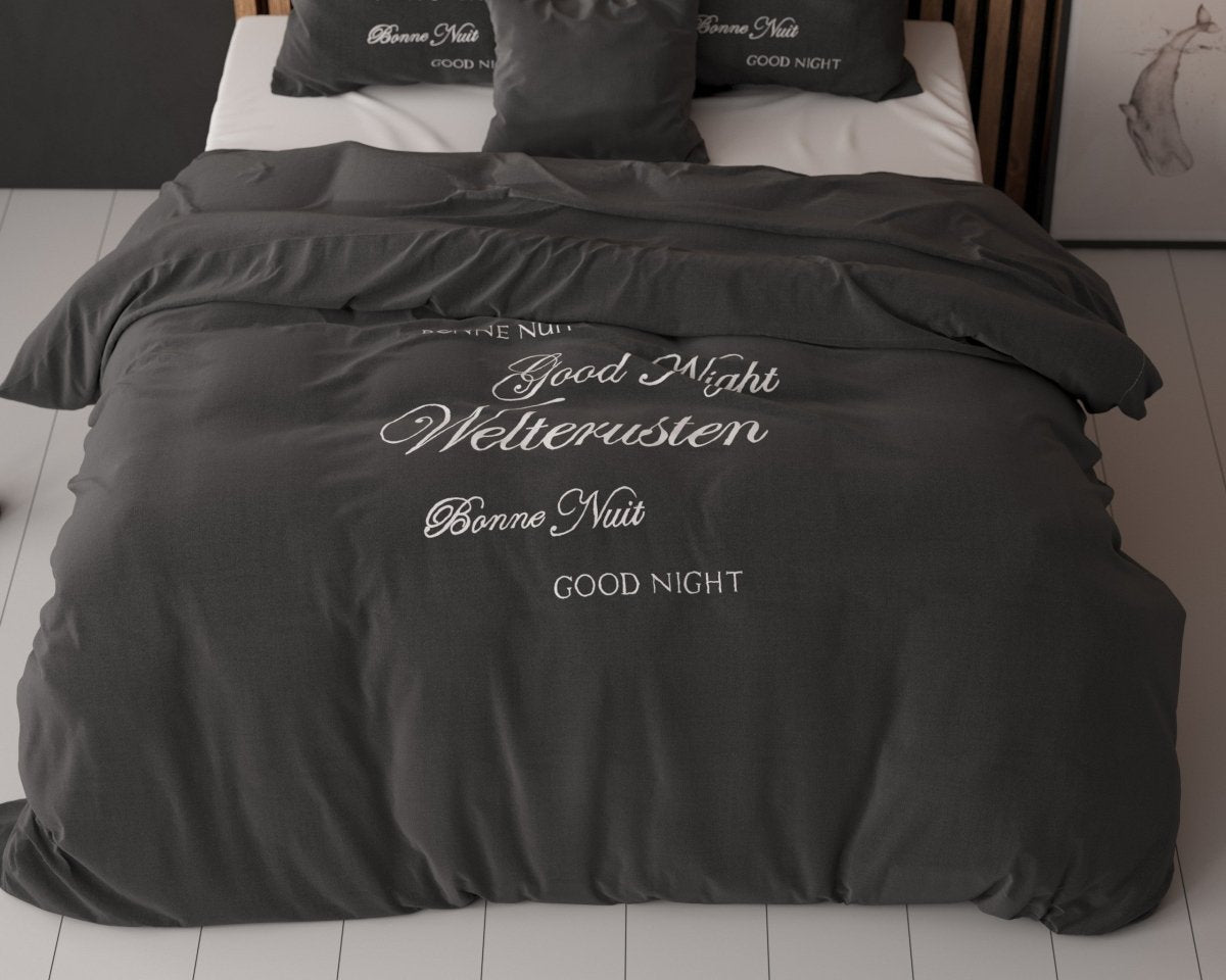 Super Soft Microfibre Duvet Cover Set Good Night | Black | Single - 140cm (W) x 220cm (L) - The Bedding & Blankets Store