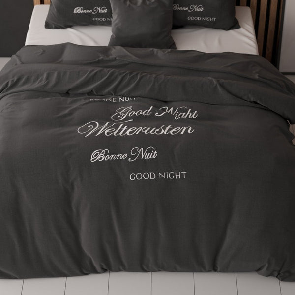 Super Soft Microfibre Duvet Cover Set Good Night | Black | Single - 140cm (W) x 220cm (L) - The Bedding & Blankets Store