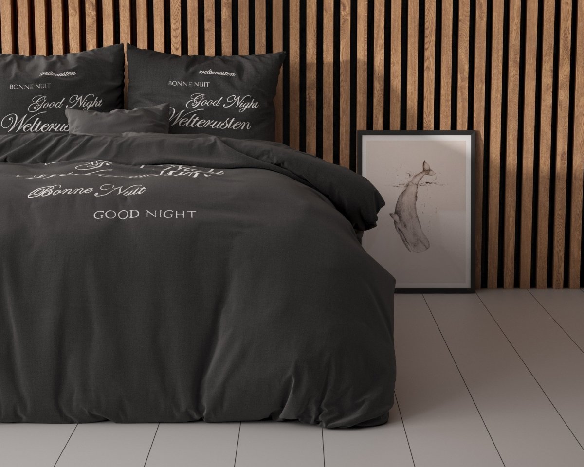 Super Soft Microfibre Duvet Cover Set Good Night | Black | Single - 140cm (W) x 220cm (L) - The Bedding & Blankets Store