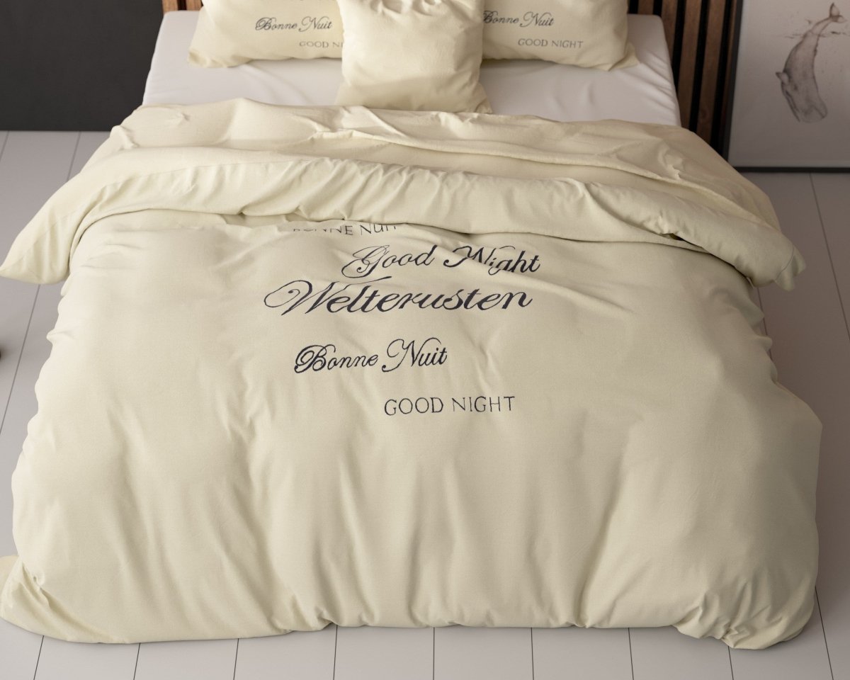 Super Soft Microfibre Duvet Cover Set Good Night | Cream | Single - 140cm (W) x 220cm (L) - The Bedding & Blankets Store