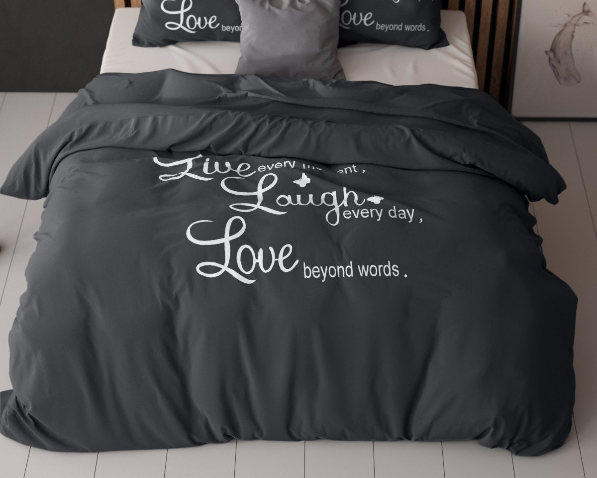Super Soft Microfibre Duvet Cover Set Live, Laugh and Love | Anthracite | Single - 140cm (W) x 220cm (L) - The Bedding & Blankets Store