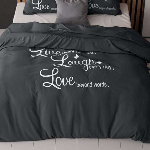 Super Soft Microfibre Duvet Cover Set Live, Laugh and Love | Anthracite | Single - 140cm (W) x 220cm (L) - The Bedding & Blankets Store