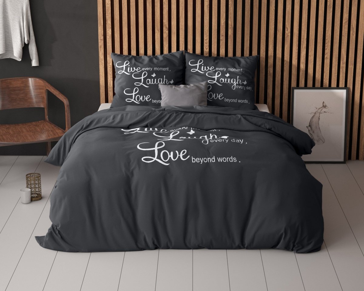 Super Soft Microfibre Duvet Cover Set Live, Laugh and Love | Anthracite | Single - 140cm (W) x 220cm (L) - The Bedding & Blankets Store