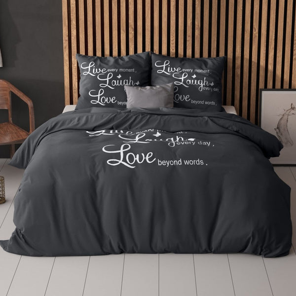 Super Soft Microfibre Duvet Cover Set Live, Laugh and Love | Anthracite | Single - 140cm (W) x 220cm (L) - The Bedding & Blankets Store