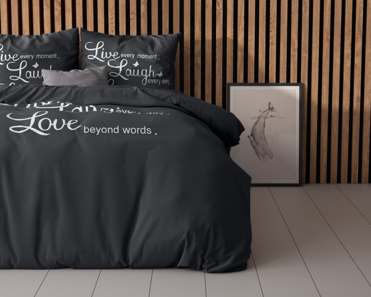 Super Soft Microfibre Duvet Cover Set Live, Laugh and Love | Anthracite | Single - 140cm (W) x 220cm (L) - The Bedding & Blankets Store