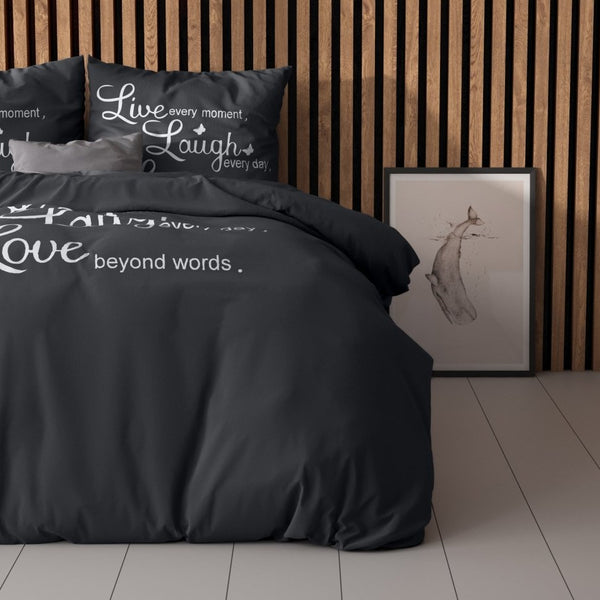 Super Soft Microfibre Duvet Cover Set Live, Laugh and Love | Anthracite | Single - 140cm (W) x 220cm (L) - The Bedding & Blankets Store