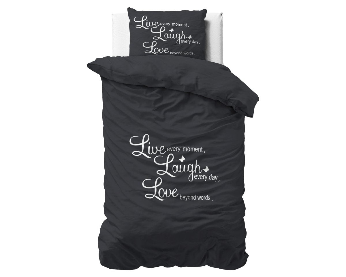 Super Soft Microfibre Duvet Cover Set Live, Laugh and Love | Anthracite | Single - 140cm (W) x 220cm (L) - The Bedding & Blankets Store