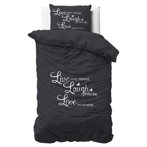 Super Soft Microfibre Duvet Cover Set Live, Laugh and Love | Anthracite | Single - 140cm (W) x 220cm (L) - The Bedding & Blankets Store