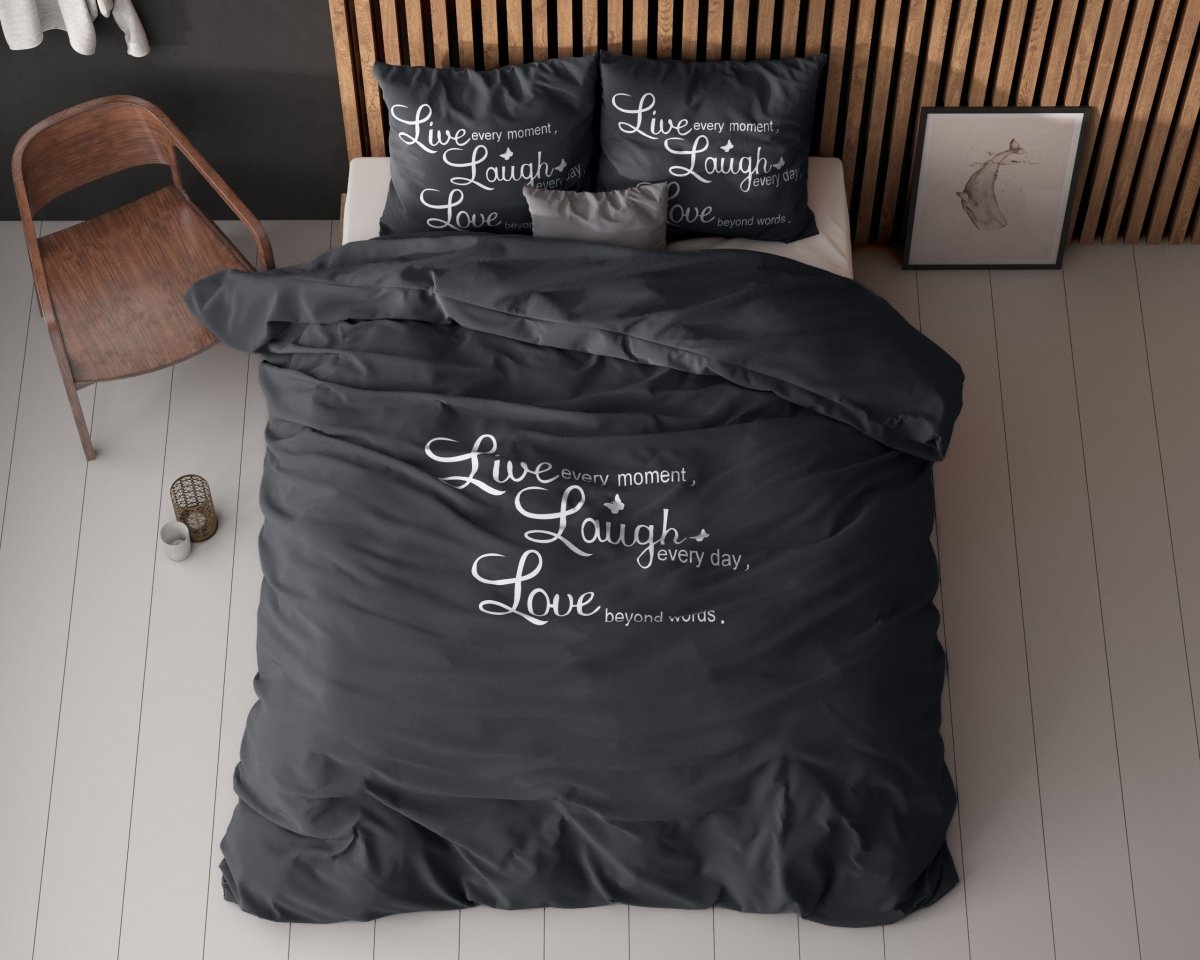 Super Soft Microfibre Duvet Cover Set Live, Laugh and Love | Anthracite | Single - 140cm (W) x 220cm (L) - The Bedding & Blankets Store