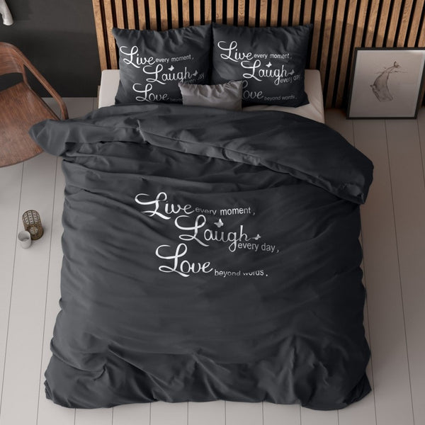 Super Soft Microfibre Duvet Cover Set Live, Laugh and Love | Anthracite | Single - 140cm (W) x 220cm (L) - The Bedding & Blankets Store